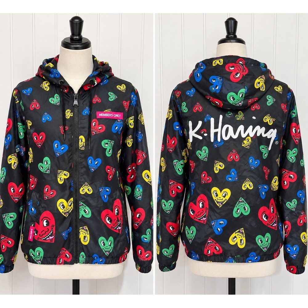 Members Only x Keith Haring Jacket Small Heart Print Hooded Windbreaker Pop Art